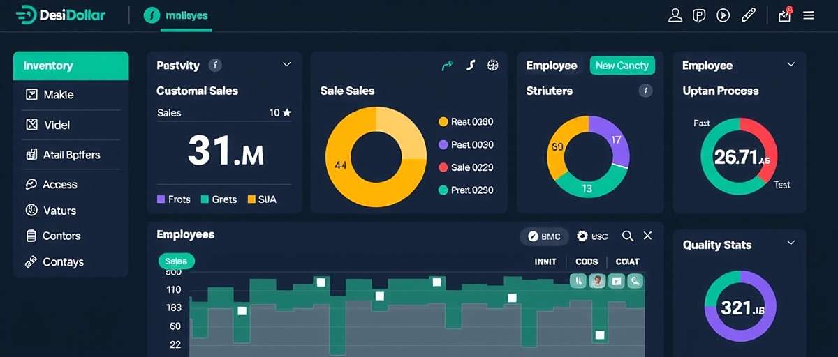 Desi Dollar Dominators Business Management Interface Desi Dollar Dominators business management screen showing inventory, sales data, and employee stats